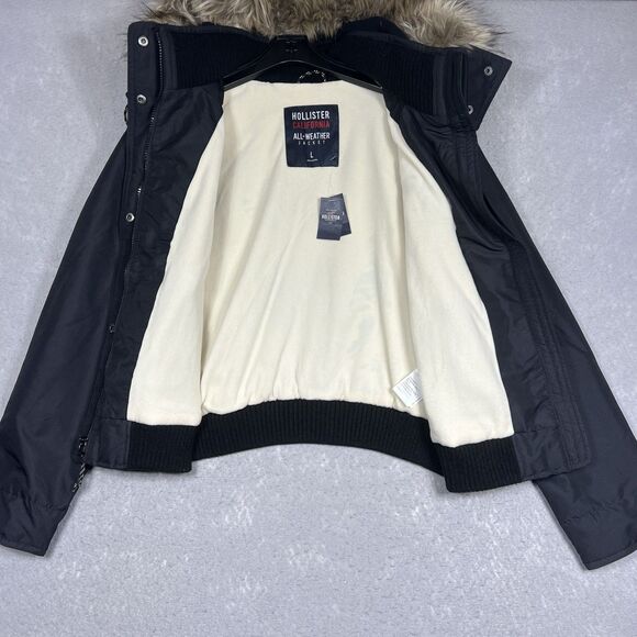 HOLLISTER ALL WEATHER BOMBER JACKET COAT W/FAUX FUR BLACK WOMEN’S SIZE LARGE NWT - Picture 5 of 12